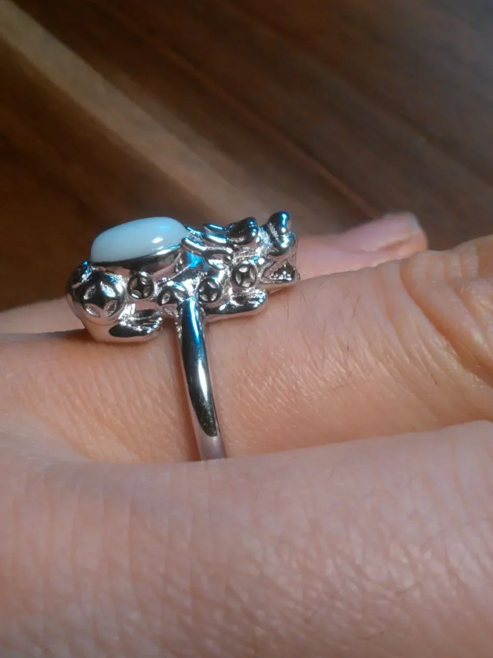 Natural White Jade Sterling Silver Dragon Ring (Size 10)